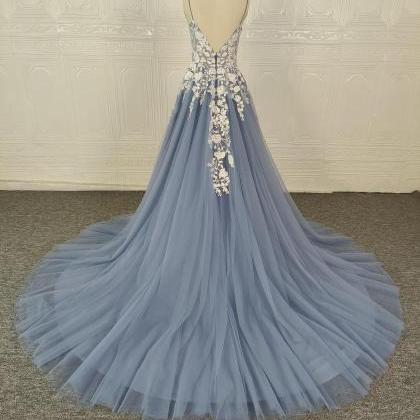 Dusty Blue Wedding Dress, Vintage Lace Floral Boho..