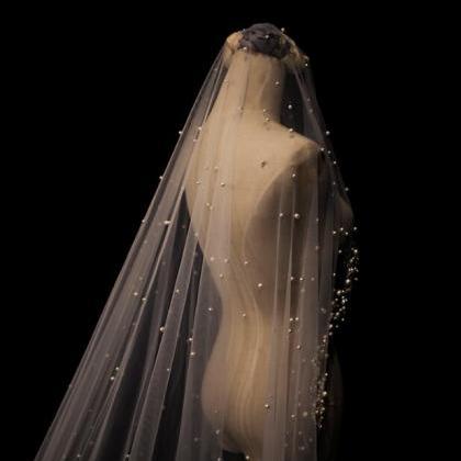 Vintage Pearls Wedding Veil Long Bridal Veil Off..