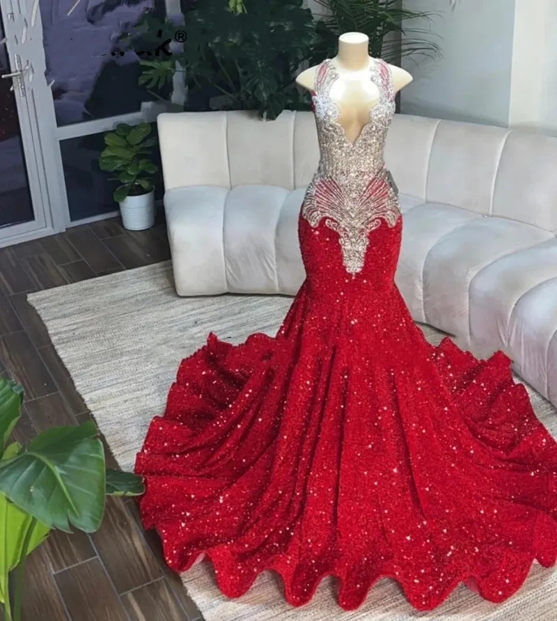 Sexy Glitter Red Mermaid Prom Dresses Luxury Sheer Neck Crystal Sequins Birthday Party Gowns Homecoming Robe De Bal