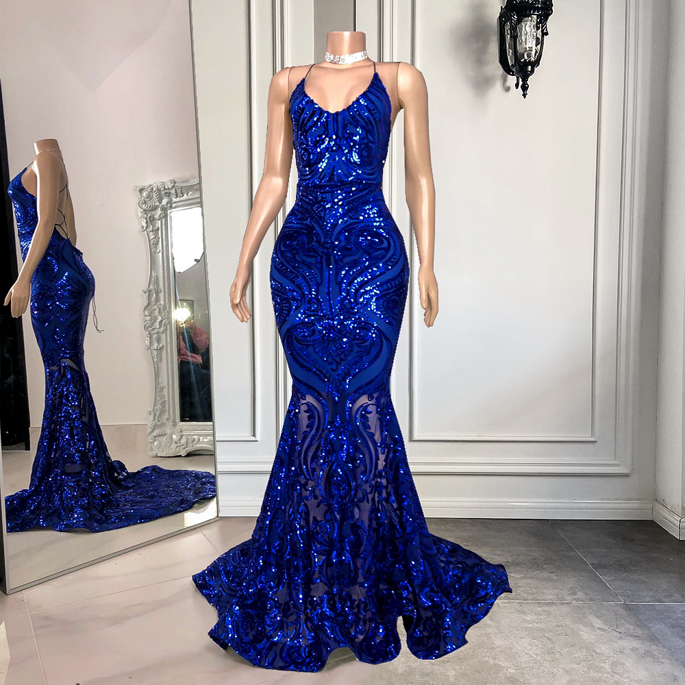 open lace back dress Zapaka Women Sparkly Sequins Light Blue Prom Dress with Slit Mermaid Spaghetti Straps Party Dress, Light Blue / UK20 main image 0