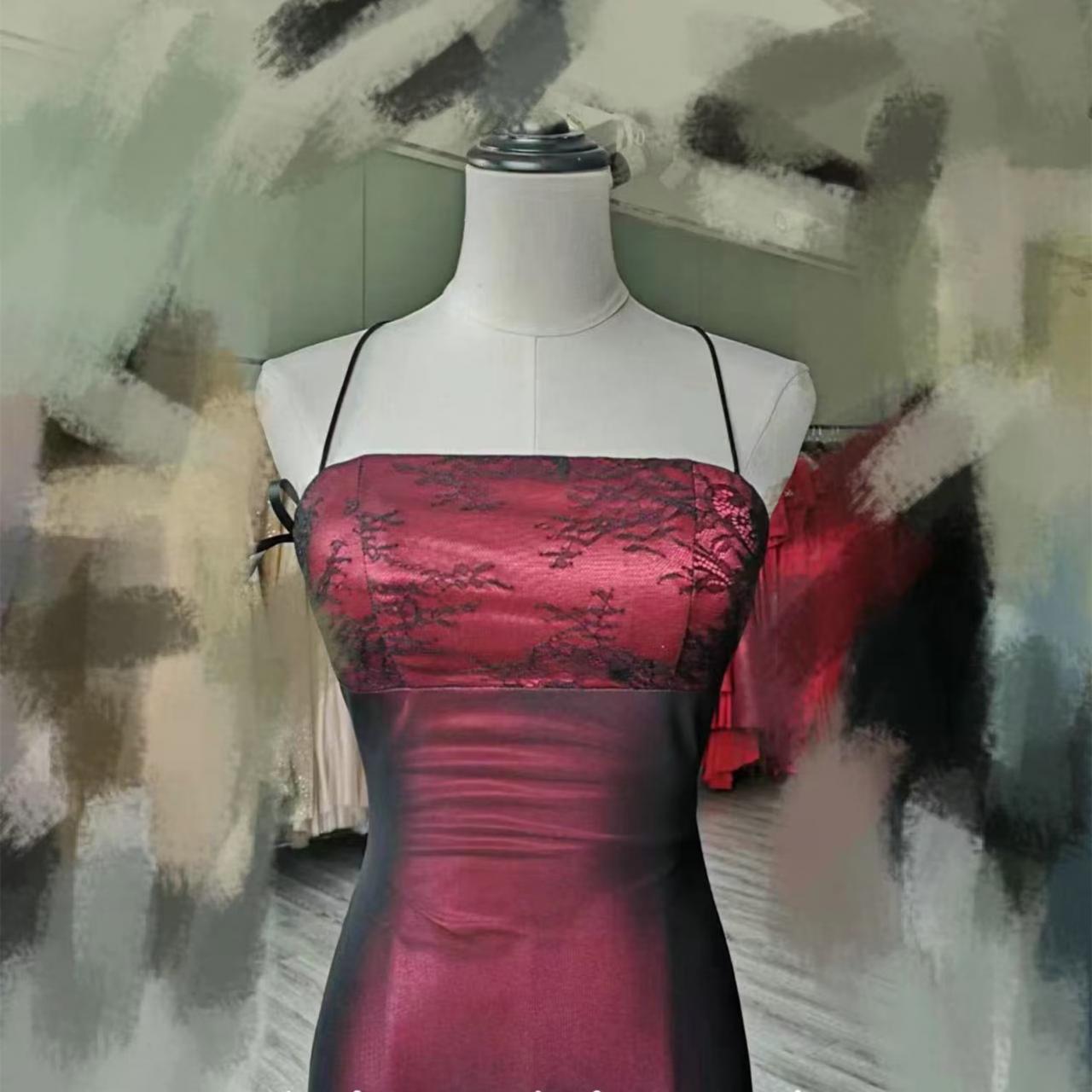 90s red and black layered mesh dress Square Neckline Black And Red Vintage Prom Dress,90's Mesh Party Dress,  Formal Evening Party Gowns, on Luulla