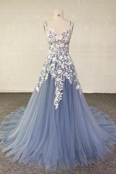Dusty Blue Wedding Dress, Vintage Lace Floral Boho Bridal Dress, V Neck Elegant Open Back Wedding Dress Inactive