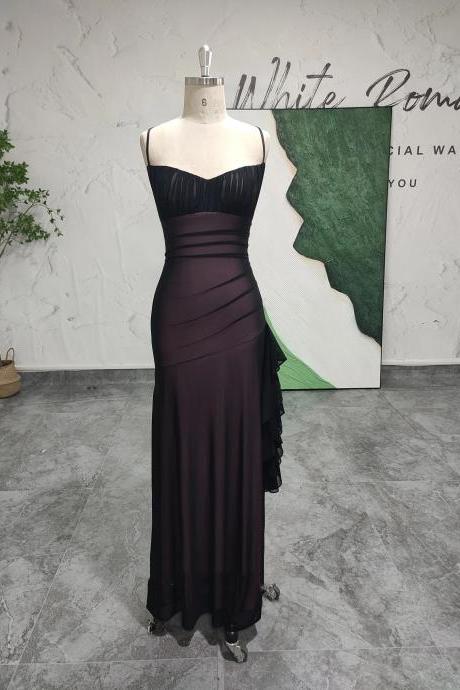 Charming Black Purple Evening Dresses 1990s Vintage Soft Prom Gowns Maxi Party Dress Slit Side