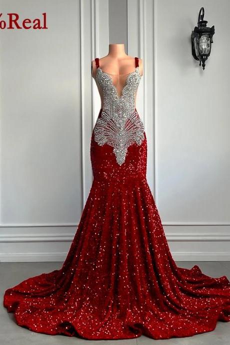 Gorgeous Long Prom Dresses 2024 Mermaid Style Luxury Sparkly Silver Crystals Red Sequin Black Girls Prom Party Formal Gowns