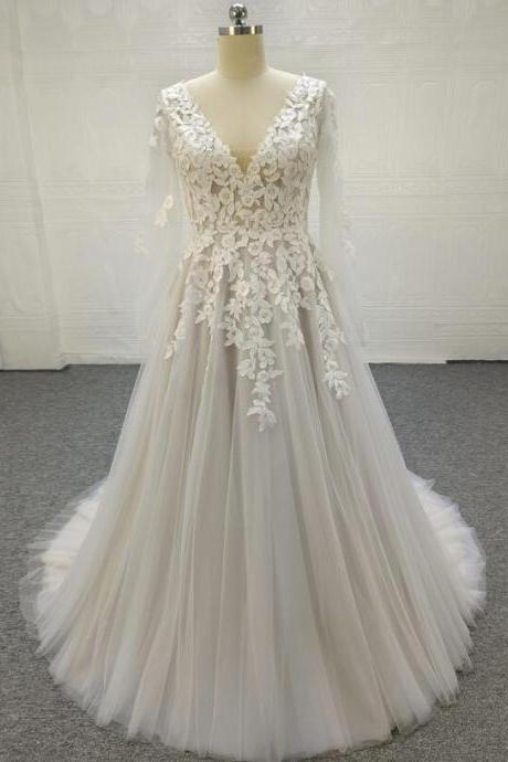 Real Photo A Line Wedding Dress, Lace Applique V Neck Long Sleeves Bridal Dress, Haute Custom Lace Wedding Dress Plus Size