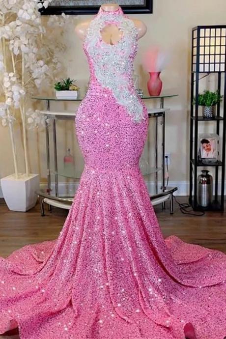 Charming Pink Sequins Prom Dresses, Black Girls Luxury Mermaid Evening Formal Occasion Gowns, Halter Neck Plus Size Party Dress