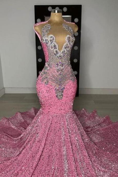 Luxury Pink Sequin Prom Dresses, Ab Crystal Queen Dress For Black Girls, Sparkly Crystal Sheer Mesh Birthday Party Graduation Gowns, Rich Girl