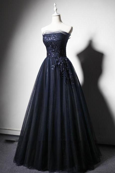 Sweet Prom Dresses, Navy Blue Tulle Applique Girl Formal Graduation Party Dresses, A Line Strapless Evening Gowns 2024