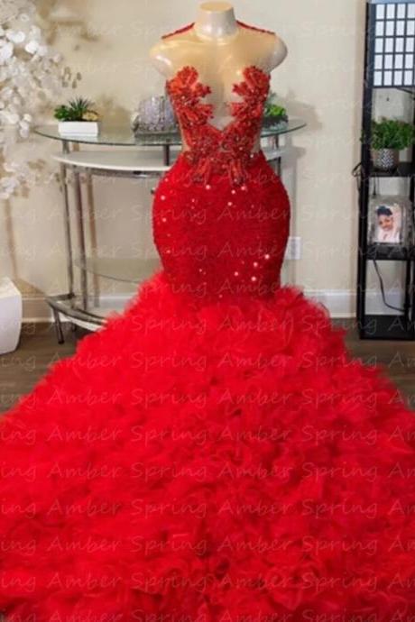 Amazing Red Puffy Prom Dresses Crystal Lace Applique Mermaid Ruched Tulle Girl Formal Graduating Evening Gowns Wedding Birthday
