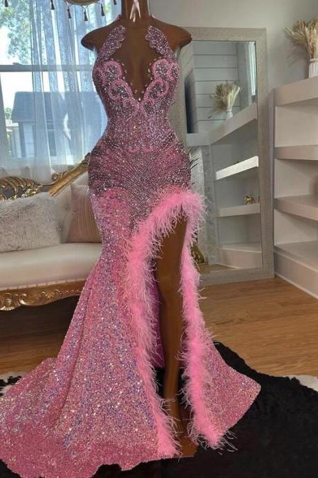 Gorgeous Pink Prom Dresses , Crystal Feathers Slit Girl Graduation Birthday Party Gowns, Rich Wedding Party Robe