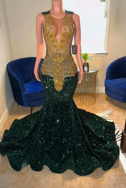 Gorgeous Dark Green Prom Dresses, Velvet Sequin Golden Crystal Evening Dresses 2024 For Black Girls Luxury Graduation Gown Mermiad Party Dress