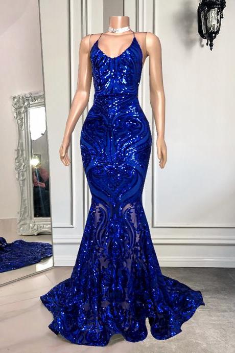 Glitter Sequins Royal Blue Prom Dress, Sexy Criss Cross Backless Prom Dress, Lace Prom Dresses, Mermaid Party Robe