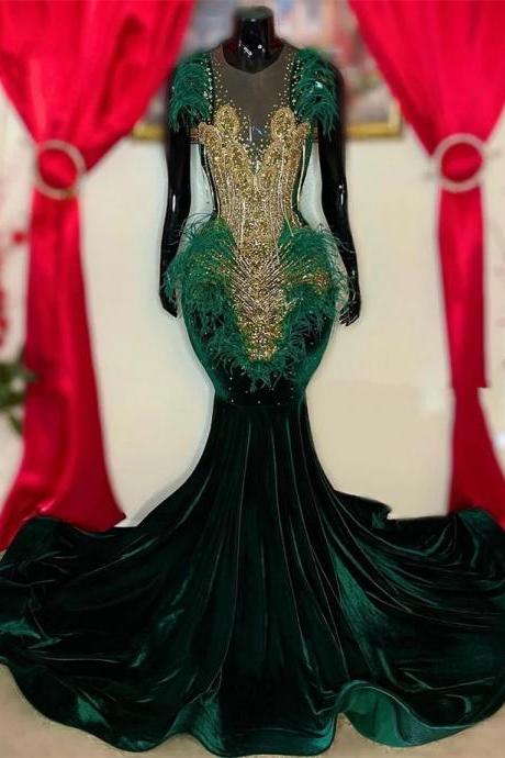 Glitter Diamond Dark Green Long Prom Dress 2024 Velvet Rhinestones Beading Feathered Black Girl Wedding Party Gown