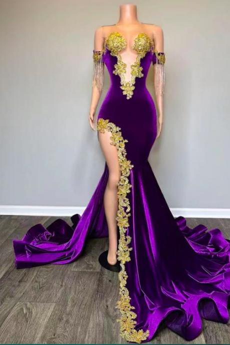 wedding dresses purple and gold Gold Purple Mother Of The Bride Dresses Mermaid Long Sleeves Applique Wedding
