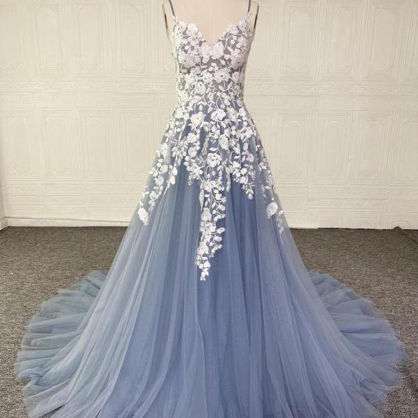 Dusty Blue Wedding Dress, Vintage Lace Floral Boho Bridal Dress, V Neck Elegant Open Back wedding dress Inactive