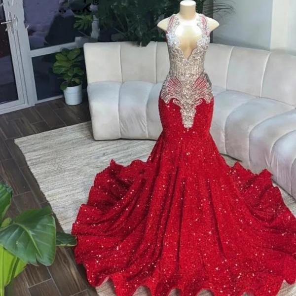 Sexy Glitter Red Mermaid Prom Dresses Luxury Sheer Neck Crystal Sequins Birthday Party Gowns Homecoming Robe De Bal