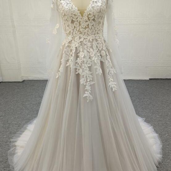 Real Photo A Line Wedding Dress, Lace Applique V Neck Long Sleeves Bridal Dress, Haute Custom lace wedding dress plus size