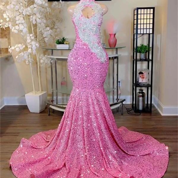 Charming Pink Sequins Prom Dresses, Black Girls Luxury Mermaid Evening Formal Occasion Gowns, Halter Neck Plus Size Party Dress