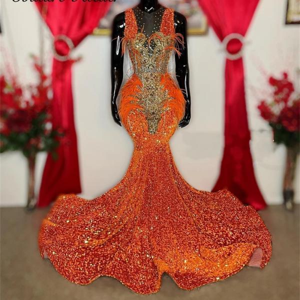 Designer Orange Feathers Sequin Golden Crystal Beading Prom Dresses 2024 Luxury Gowns Mermaid Dress For Party Wedding Evening