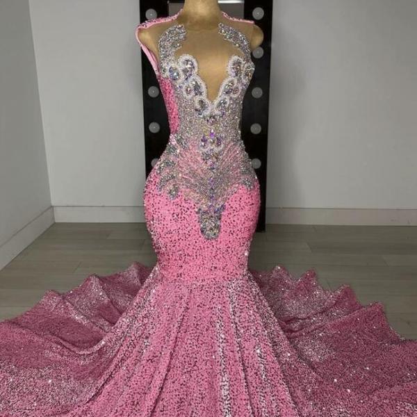 Luxury Pink Sequin Prom Dresses, AB Crystal Queen Dress For Black Girls, Sparkly Crystal Sheer Mesh Birthday Party Graduation Gowns, Rich Girl