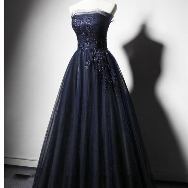 Sweet Prom Dresses, Navy Blue Tulle Applique Girl Formal Graduation Party Dresses, A Line Strapless Evening Gowns 2024