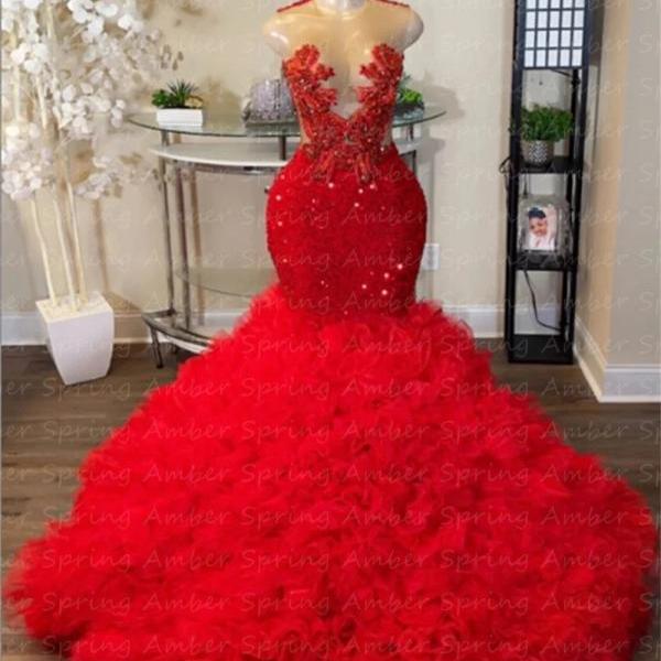 Amazing Red Puffy Prom Dresses Crystal Lace Applique Mermaid Ruched Tulle Girl Formal Graduating Evening Gowns Wedding Birthday
