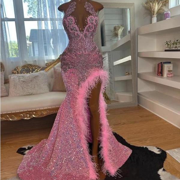 Gorgeous Pink Prom Dresses , Crystal Feathers Slit Girl Graduation Birthday Party Gowns, Rich Wedding Party Robe 