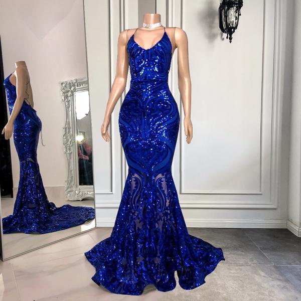 Glitter Sequins Royal Blue Prom Dress, Sexy Criss Cross Backless Prom Dress, Lace Prom Dresses, Mermaid Party Robe