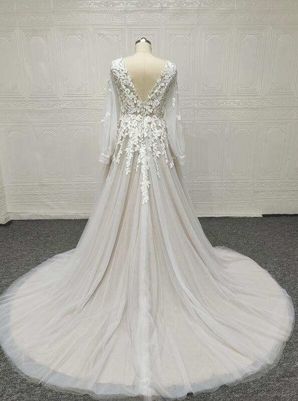 Real Photo A Line Wedding Dress, Lace Applique V Neck Long Sleeves ...